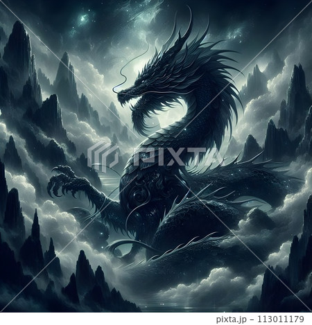 A huge Asian dragon emerged from the depths of a mysterious mist-shrouded mountain. 113011179