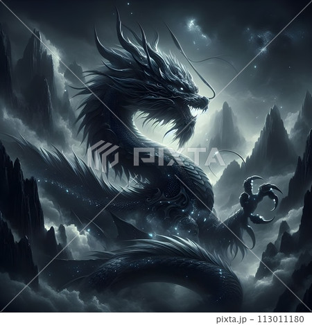 A huge Asian dragon emerged from the depths of a mysterious mist-shrouded mountain. A huge Asian dragon emerged from the depths of a mysterious mist-shrouded mountain. 113011180