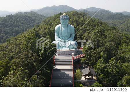 Outdoor great Buddha Daibutsu or Amitabhe Buddha at Wat Pra That Doi Pra Chan. It is a green rust Buddha statue made from a mixture of copper that was used to create it. 113011509