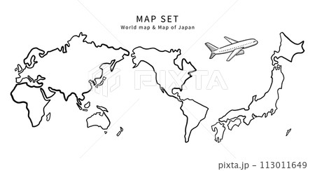 ラフな線で描かれた日本地図と世界地図のイラスト素材セット 113011649