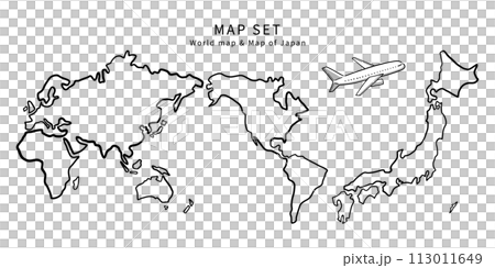 Illustration material set of Japan map and world map drawn with rough lines 113011649