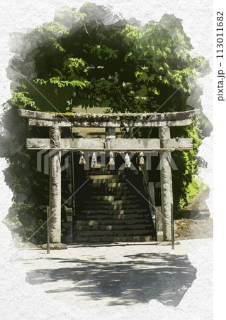 水彩画風　玉造温泉　玉作湯神社　鳥居　島根県松江市 113011682