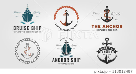 Set Bundle Anchor Ship Logo Icon Vintage Design Vector Illustration, Nautical Sail Graphic Ocean 113012497