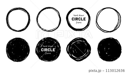 Round circular logo hand drawn brush stroke icon frame element. Round logo frame hand drawn texture brush stroke. Circle doodle ink black shape. Rough grunge circular. Vector 113012636