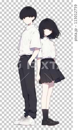 Illustration of Japanese students, men and women in uniform, back to back 113012759