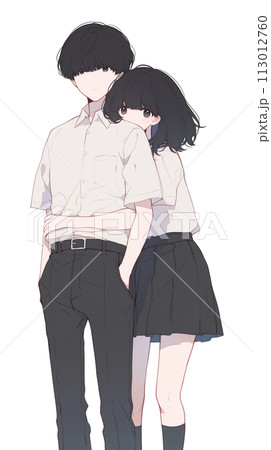 日本の学生　制服姿の男女のイラスト　ハグ 113012760