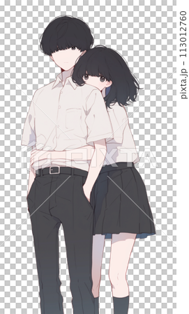 日本の学生　制服姿の男女のイラスト　ハグ 113012760