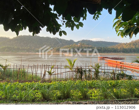 Scenic lake view with trees lining the shore under a bright sky 113012906