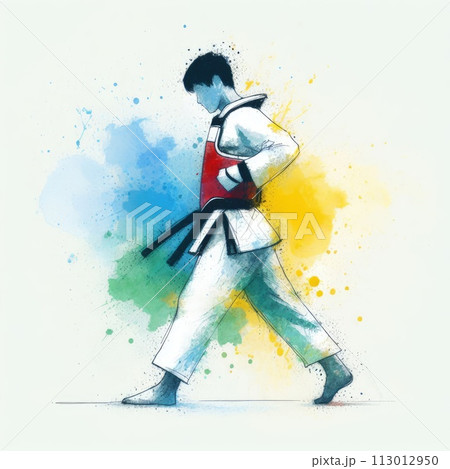 Taekwondo in watercolor splash paint illustration with Generative AI. 113012950