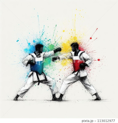 Taekwondo in watercolor splash paint...のイラスト素材 [113012977] - PIXTA