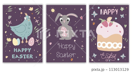 Happy Easter postcards. A set of vector Easter illustrations. Easter eggs, bunny, chicken and cake. Perfect for a poster, cover, or postcard. Happy Easter postcards. A set of vector Easter illustrations. Easter eggs, bunny, chicken and cake. Perfect for a poster, cover, or postcard. 113013129