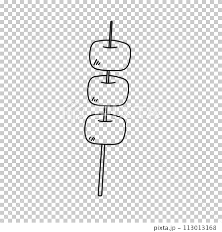 A skewer with three pieces of food on it A skewer with three pieces of food on it 113013168