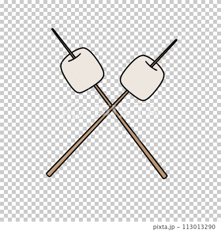 Two marshmallows are on sticks and are crossed over each other Two marshmallows are on sticks and are crossed over each other 113013290