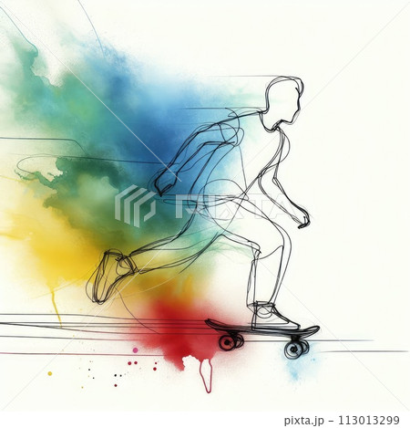 Hand drawn skateboarding in Generative AI. 113013299
