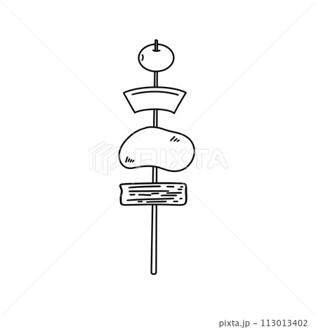 A skewer with a piece of meat, a piece of bread, and a piece of fruit 113013402