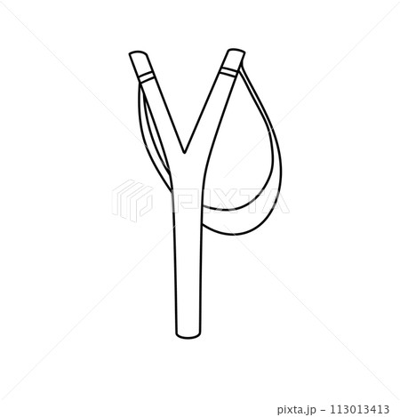 A black and white drawing of a Y-shaped stick with a rope attached to it 113013413