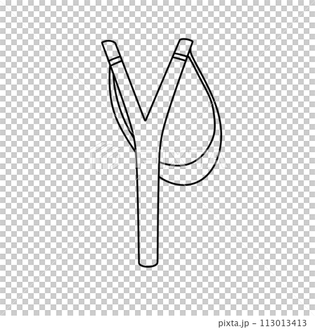 A black and white drawing of a Y-shaped stick with a rope attached to it 113013413