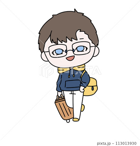 A cartoon boy wearing glasses and a blue hoodie is holding a suitcase A cartoon boy wearing glasses and a blue hoodie is holding a suitcase 113013930