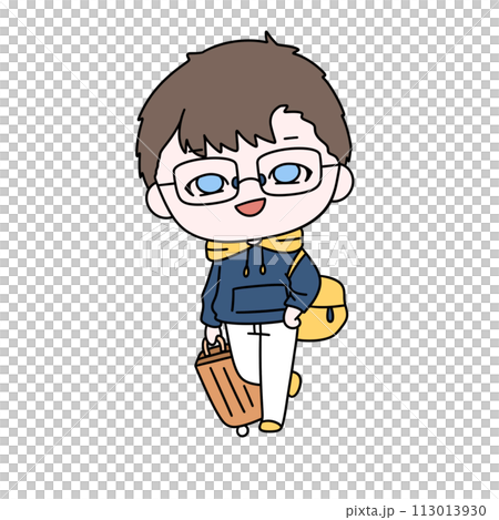 A cartoon boy wearing glasses and a blue hoodie is holding a suitcase A cartoon boy wearing glasses and a blue hoodie is holding a suitcase 113013930