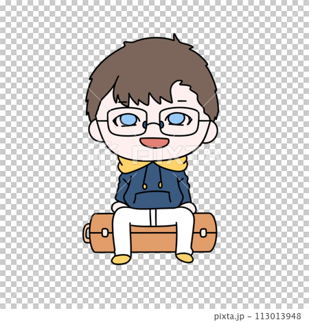 A cartoon boy is sitting on a suitcase A cartoon boy is sitting on a suitcase 113013948