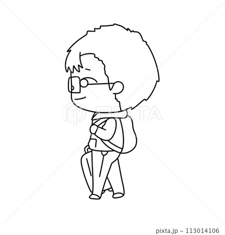 A cartoon character wearing glasses and a backpack is walking down a street 113014106