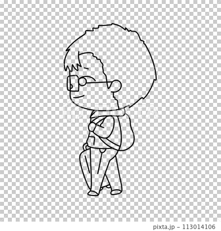 A cartoon character wearing glasses and a backpack is walking down a street 113014106