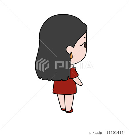A cartoon girl in a red dress is standing in front of a white background 113014154