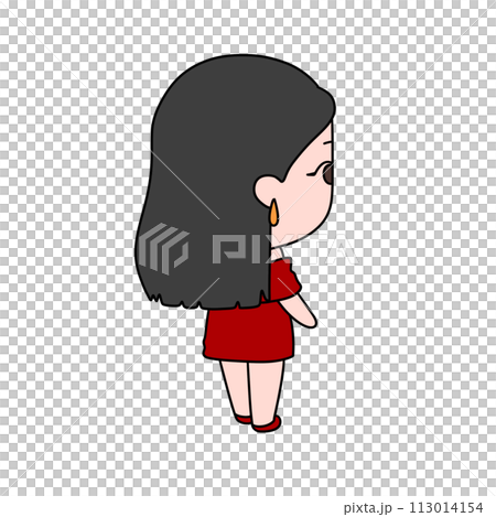 A cartoon girl in a red dress is standing in front of a white background 113014154