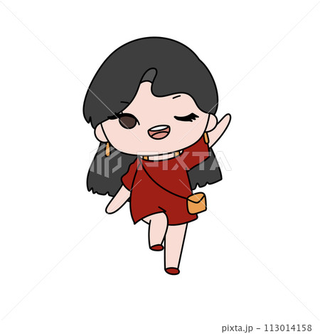 A cartoon girl in a red dress is walking and smiling A cartoon girl in a red dress is walking and smiling 113014158
