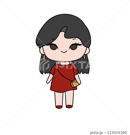 A cartoon girl in a red dress is holding a purse A cartoon girl in a red dress is holding a purse 113014160