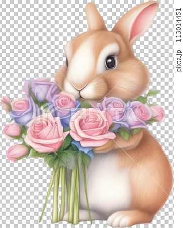 Cute Bunny with a bouquet of flowers. AI-Generated. 113014451