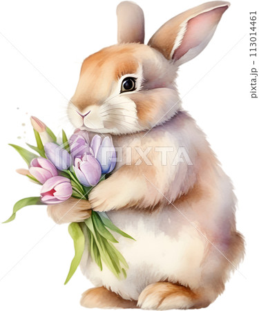 Cute Bunny with a bouquet of flowers. AI-Generated. 113014461