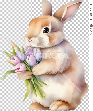Cute Bunny with a bouquet of flowers. AI-Generated. 113014461