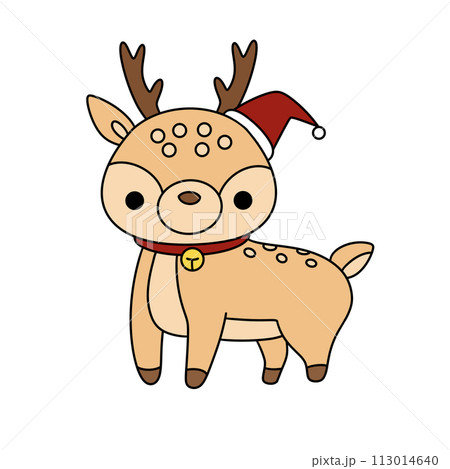 A cute cartoon deer with a red collar and a Santa hat on its head A cute cartoon deer with a red collar and a Santa hat on its head 113014640