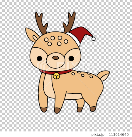 A cute cartoon deer with a red collar and a Santa hat on its head A cute cartoon deer with a red collar and a Santa hat on its head 113014640