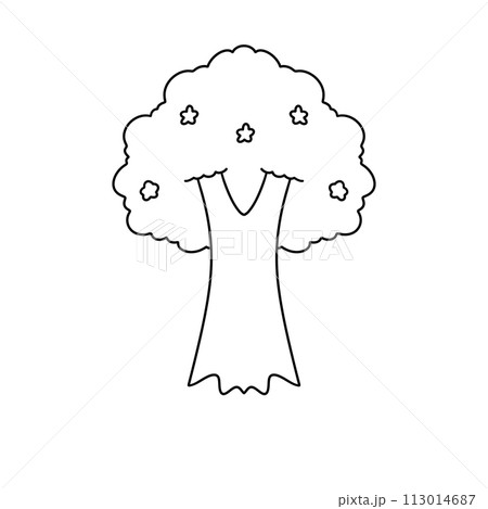 A tree with leaves and flowers is drawn in black and white 113014687