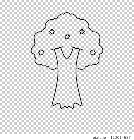 A tree with leaves and flowers is drawn in black and white A tree with leaves and flowers is drawn in black and white 113014687