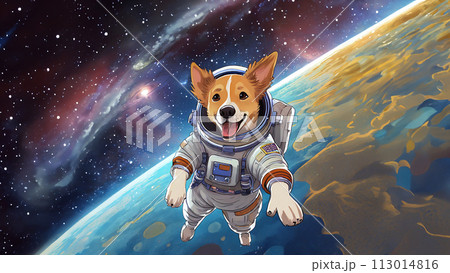 宇宙服を着て宇宙空間を漂う犬のイラスト 113014816