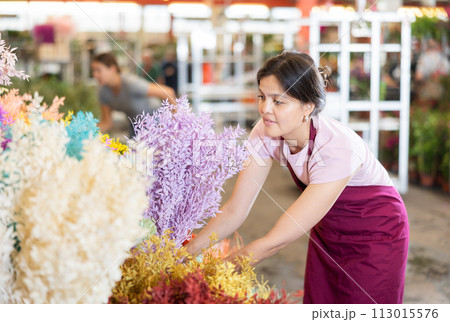 Portrait of female flower market seller with bouquets ruscus italie of flowers Portrait of female flower market seller with bouquets ruscus italie of flowers 113015576