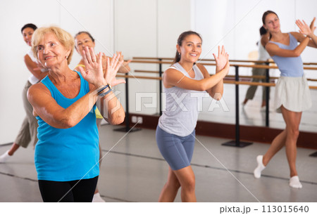 Group of active women practicing energetic dance in a studio Group of active women practicing energetic dance in a studio 113015640