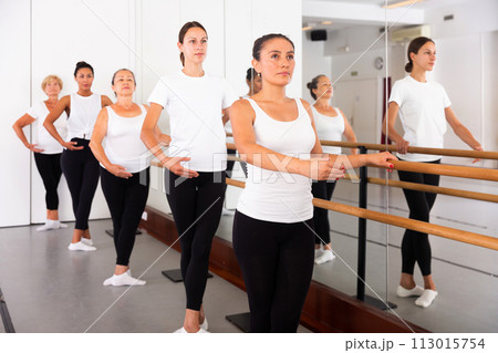 Group of women engaged in classical ballet stand holding onto a barre in a ballet stance 113015754