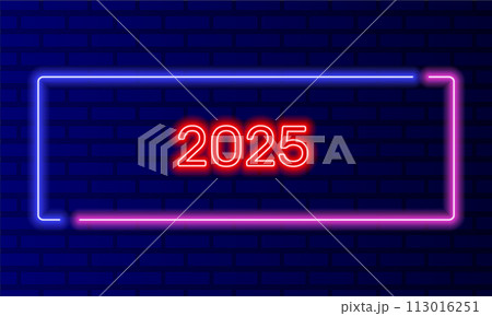 Neon sign 2025 year in speech bubble frame on brick wall background vector. Light banner on the wall background. 2025 year button happy new year and christmas, design template, night neon signboard Neon sign 2025 year in speech bubble frame on brick wall background vector. Light banner on the wall background. 2025 year button happy new year and christmas, design template, night neon signboard 113016251