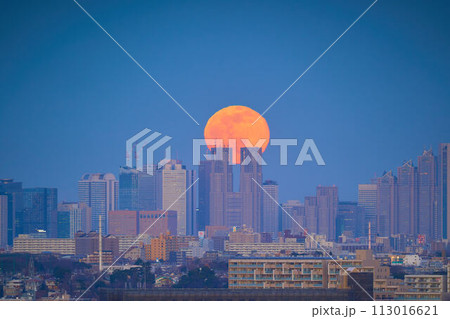 川崎市多摩区生田配水池から東京都心(西新宿)方面の超高層ビルと月出(満月) 113016621