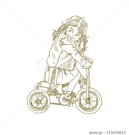 三輪車に乗る女の子の線画イラスト 113016625