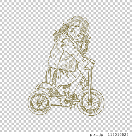 三輪車に乗る女の子の線画イラスト 113016625
