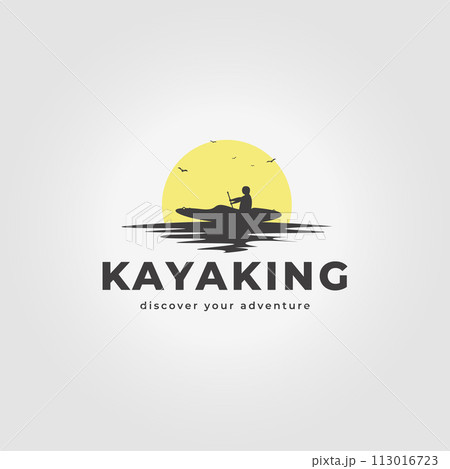 a man is kayaking at sunset on a lake design, illustration vector of kayaking with a sun 113016723