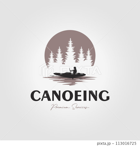 simple canoe logo on lake and forest, illustration design of water rafting with kayak at sunset icon simple canoe logo on lake and forest, illustration design of water rafting with kayak at sunset icon 113016725