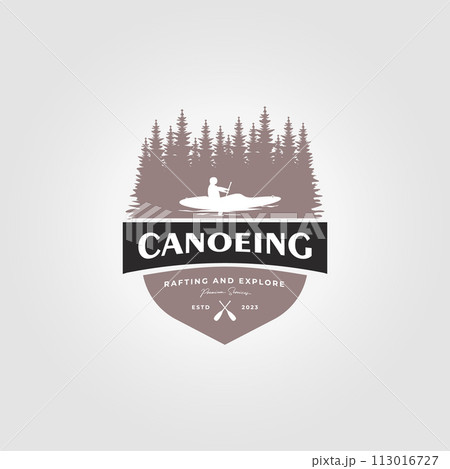 canoe logo emblem with a man, kayak logo badge illustration design on lake and forest canoe logo emblem with a man, kayak logo badge illustration design on lake and forest 113016727