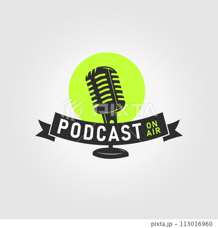 Simple badge podcast logo icon vector illustration design, stand mic for sing a song 113016960