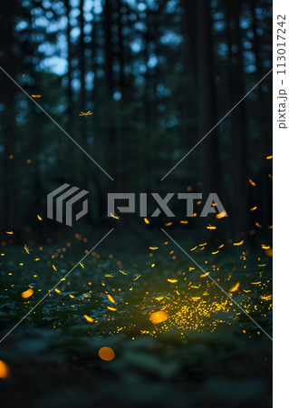 AI-generated content. Enchanted forest scene with fireflies glowing at dusk AI-generated content. Enchanted forest scene with fireflies glowing at dusk 113017242